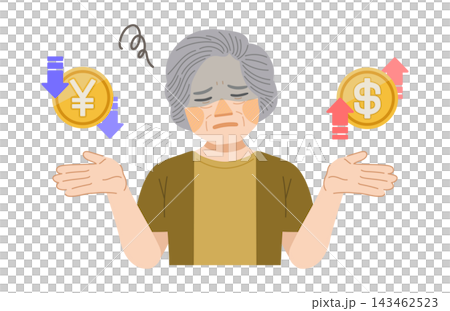 円安ドル高に悲しむ高齢女性のイラスト 143462523