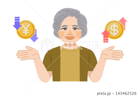 円安ドル高に喜ぶ、高齢女性のイラスト 143462526