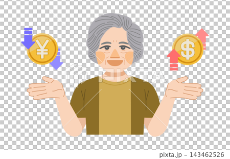 円安ドル高に喜ぶ、高齢女性のイラスト 143462526