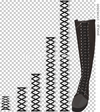 Illustrations of boots, shoelace stitches and knots, and long boots. 143463600