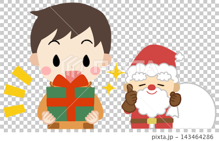 Icon illustration of a child happily receiving a present from Santa. Icon illustration of a child happily receiving a present from Santa. 143464286