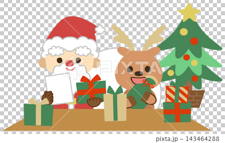 Icon illustration of Santa Claus and reindeer choosing presents for Christmas. Icon illustration of Santa Claus and reindeer choosing presents for Christmas. 143464288