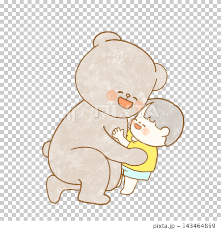 An illustration of a bear picking up a child. 143464859