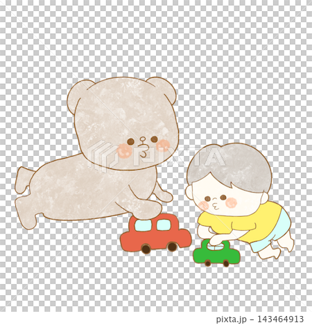 An illustration of a bear playing with a child and toys. An illustration of a bear playing with a child and toys. 143464913