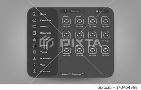 Dark mode file manager user interface design with vector EPS icons Dark mode file manager user interface design with vector EPS icons 143464969