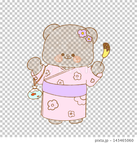 An illustration of a bear enjoying a summer festival while wearing a yukata. An illustration of a bear enjoying a summer festival while wearing a yukata. 143465060