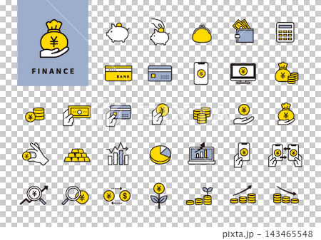 A simple yellow and blue money/finance line icon set (savings, cashless payments, investment, asset management). A simple yellow and blue money/finance line icon set (savings, cashless payments, investment, asset management). 143465548