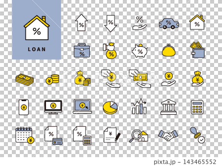 A simple yellow and blue set of loan/financing line icons (mortgage, interest rate, repayment, contract). A simple yellow and blue set of loan/financing line icons (mortgage, interest rate, repayment, contract). 143465552
