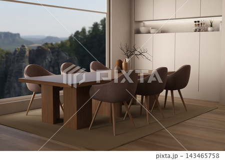 Luxury Dining Room Panoramic Mountain View Window Luxury Interior Luxury Dining Room Panoramic Mountain View Window Luxury Interior 143465758