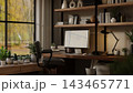 Biophilic Home Office Desk Workspace Autumn Forest View Window 143465771