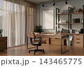 Modern Home Office Desk Minimalist Workspace Window Blinds 143465775