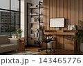 Cozy Mid Century Home Office Wood Panel Wall Desk Workspace 143465776