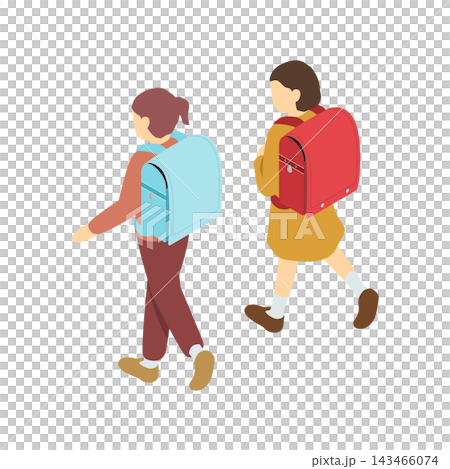 アイソメトリックイラスト：話しながら歩く2人の女子小学生 143466074
