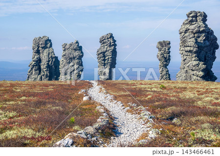 Trail to the rock formation on the the mountain plateau Manpupuner, Ural, Russia Trail to the rock formation on the the mountain plateau Manpupuner, Ural, Russia 143466461