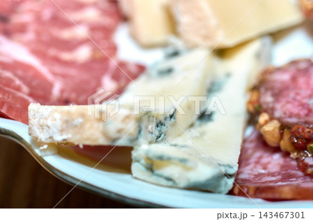Close-up of assorted cheese and cured meat platter for party appetizers 143467301