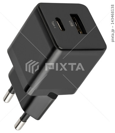 Black dual-port USB and Type-C wall charger with EU plug 143468138