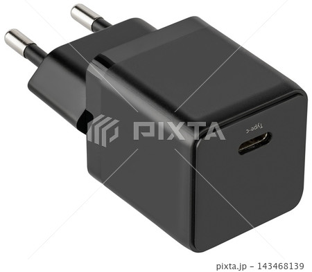 Black USB Type-C wall charger with EU plug on white background Black USB Type-C wall charger with EU plug on white background 143468139