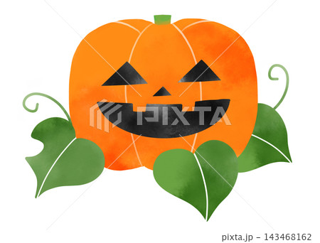 ハロウィン　蔓と葉のあるジャック・オー・ランタンの水彩風イラスト 143468162