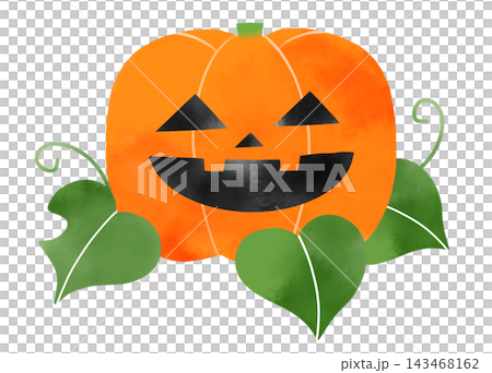 ハロウィン　蔓と葉のあるジャック・オー・ランタンの水彩風イラスト 143468162