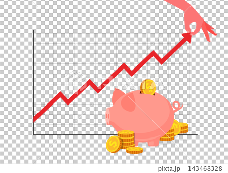 hand pulling chart arrow up next to piggy bank and gold coins hand pulling chart arrow up next to piggy bank and gold coins 143468328