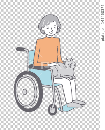 Animal therapy: A senior woman in a wheelchair with a cat on her lap. Animal therapy: A senior woman in a wheelchair with a cat on her lap. 143468372