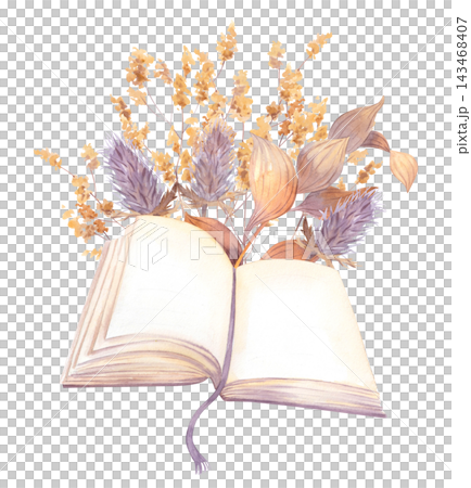 Open book with watercolor dried flower bouquet in soft lavender ochre tones, pages spread with trailing ribbon bookmark, delicate botanical composition suitable for book cover or stationery art. 143468407