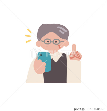 スマホを操作するシニア男性中高年チェック解決手描きベクターイラスト スマホを操作するシニア男性中高年チェック解決手描きベクターイラスト 143468460