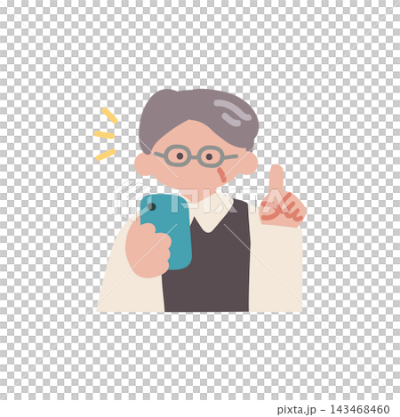 スマホを操作するシニア男性中高年チェック解決手描きベクターイラスト スマホを操作するシニア男性中高年チェック解決手描きベクターイラスト 143468460