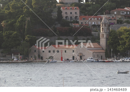 St Nicholas Church in Cavtat Croatia Waterfront with Boats Moored 143468489