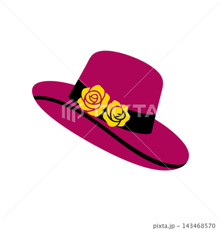 Pink women hat with yellow roses illustration 143468570