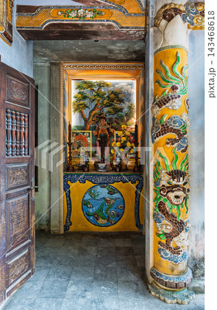 Ornate Buddhist shrine and dragon pillar inside Linh Ung Pagoda at the Marble Mountains in Da Nang Vietnam 143468618