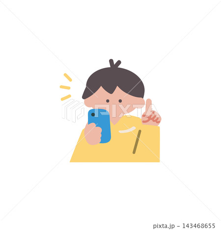 スマホを操作する子ども男の子解決チェック手描きベクターイラスト スマホを操作する子ども男の子解決チェック手描きベクターイラスト 143468655
