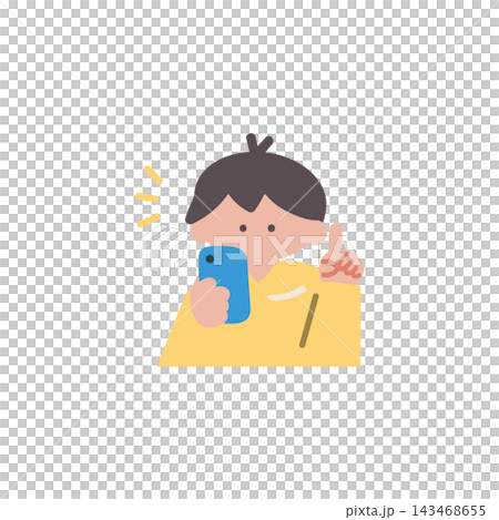 スマホを操作する子ども男の子解決チェック手描きベクターイラスト スマホを操作する子ども男の子解決チェック手描きベクターイラスト 143468655