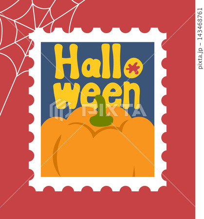 かわいいハロウィンの切手風イラスト-黄色いかぼちゃとHalloweenの文字 かわいいハロウィンの切手風イラスト-黄色いかぼちゃとHalloweenの文字 143468761