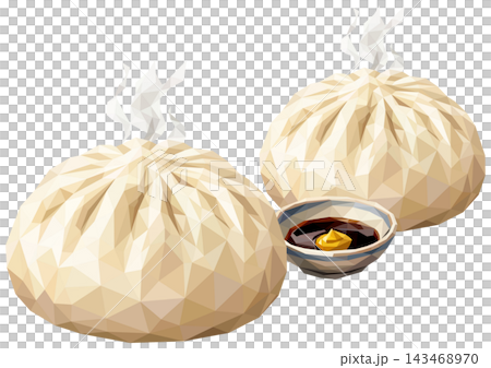 「豚まん」二個 湯気付き 小皿 ポリゴン調 「豚まん」二個 湯気付き 小皿 ポリゴン調 143468970
