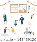 夏祭りを楽しむ人々と屋台のイラスト 143469120