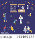 夜の夏祭りと花火を楽しむ人々のイラスト	 143469122