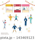 夏祭りを楽しむ人々と屋台のイラスト 143469123