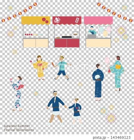 一幅描繪人們在夏季節日和美食攤位前享受樂趣的插圖。 143469123