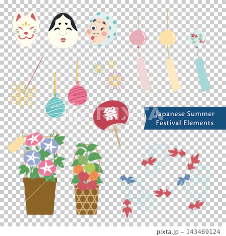 Flat illustration materials that depict summer festivals and the colors of Japanese summer. 143469124