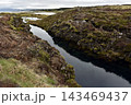 Glacial water filling a rocky volcanic fissure in a mossy rift valley, Iceland 143469437
