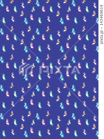 かわいいペンギンたちが、かぼちゃやスイーツを持って並ぶ、冬の季節感たっぷりの総柄イラストです。 かわいいペンギンたちが、かぼちゃやスイーツを持って並ぶ、冬の季節感たっぷりの総柄イラストです。 143469614