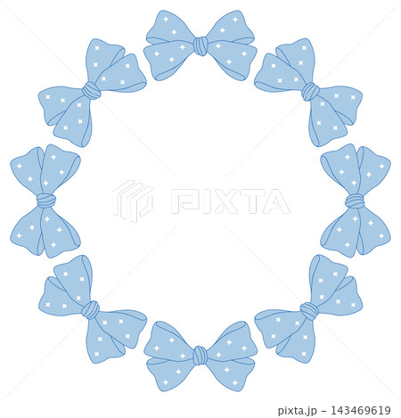 Cute blue bow circle frame, isolated on transparent background. Pastel border for invitations, baby shower, and greeting cards. PNG. Vector Cute blue bow circle frame, isolated on transparent background. Pastel border for invitations, baby shower, and greeting cards. PNG. Vector 143469619