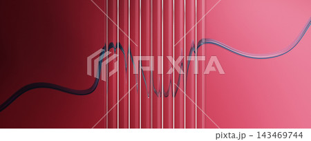 Ribbed glass pattern with blue 3D wavy line, abstract red gradient background. Vertical transparent stripe texture with ripple effect, fractal design. Sound wave, music poster, banner. 3D illustration Ribbed glass pattern with blue 3D wavy line, abstract red gradient background. Vertical transparent stripe texture with ripple effect, fractal design. Sound wave, music poster, banner. 3D illustration 143469744