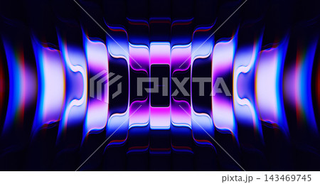 Sound wave ripple effect on dark render background. Abstract 3D refractive glass panel texture, radial symmetry abstract shapes with vibrant neon purple blue glow, light distortion. 3D illustration Sound wave ripple effect on dark render background. Abstract 3D refractive glass panel texture, radial symmetry abstract shapes with vibrant neon purple blue glow, light distortion. 3D illustration 143469745