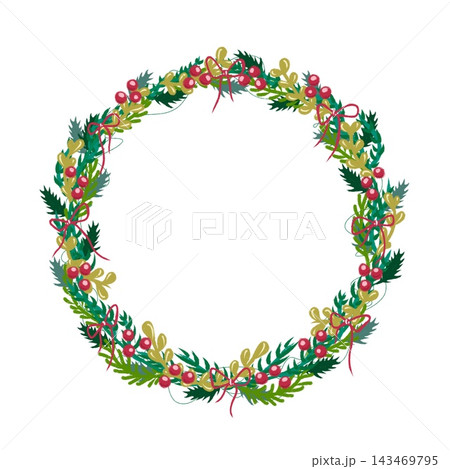 赤い実とリボンのクリスマスリースのイラスト 赤い実とリボンのクリスマスリースのイラスト 143469795