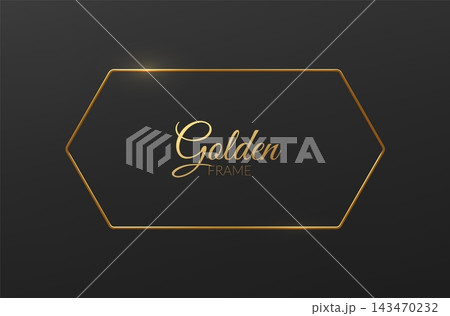 Golden 3d line thin frame isolated on dark background. Elegant metal border element. 143470232