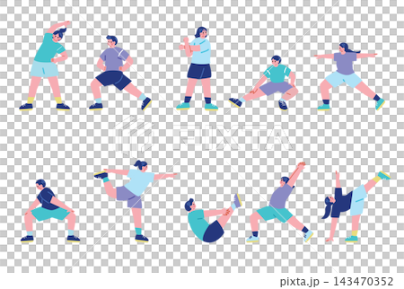 A set of illustrations of men and women stretching. A set of illustrations of men and women stretching. 143470352