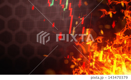 Stock market crash concept with financial trading chart in red downward trend and flames, symbolizing risk, crisis, loss, and economic depression. Finance and economic concept Stock market crash concept with financial trading chart in red downward trend and flames, symbolizing risk, crisis, loss, and economic depression. Finance and economic concept 143470379