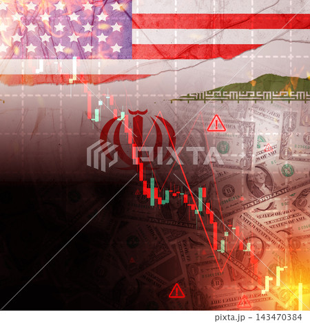 Geopolitical and economic conflict between the USA and Iran, featuring flags, dollar bills, stock market crash graphs, warning signs, and a red Iranian emblem. Finance and economic concept Geopolitical and economic conflict between the USA and Iran, featuring flags, dollar bills, stock market crash graphs, warning signs, and a red Iranian emblem. Finance and economic concept 143470384